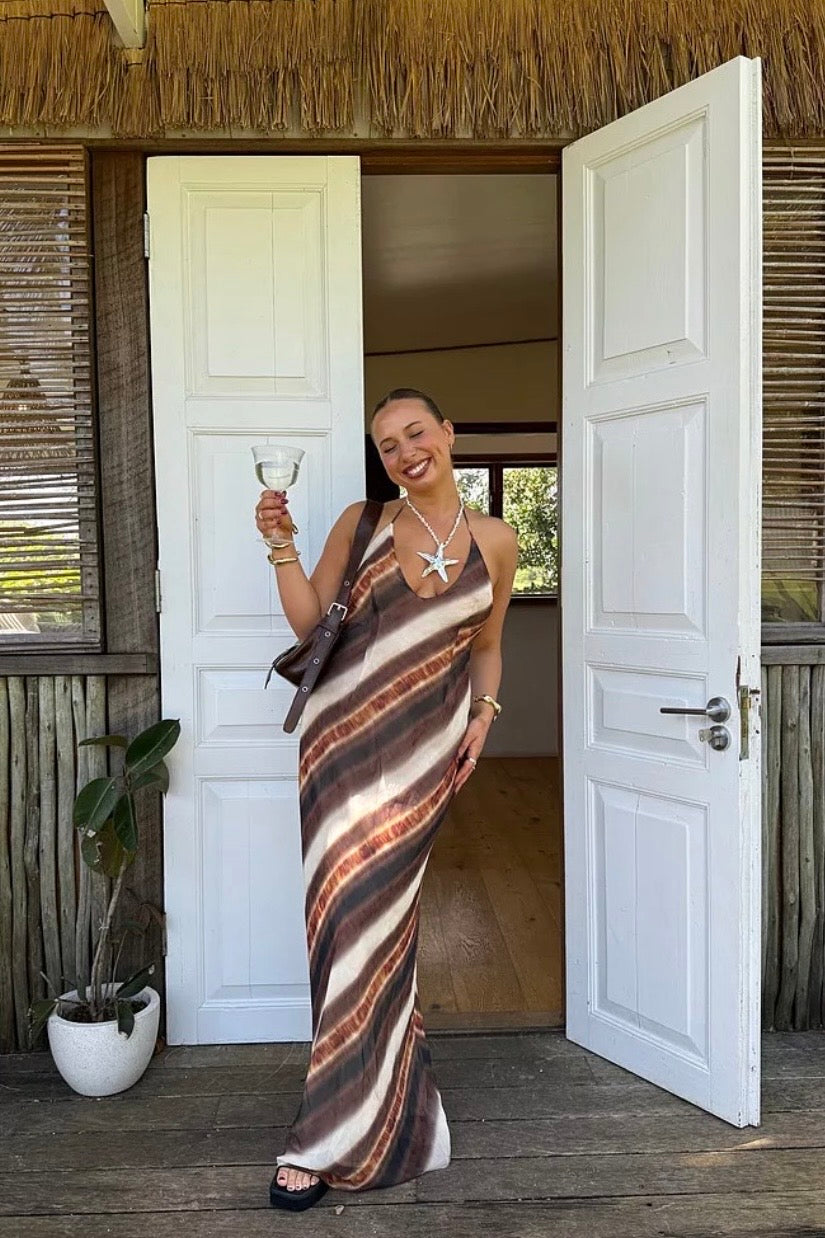 Princess Polly Esmira Halter Maxi Dress Brown Stripe