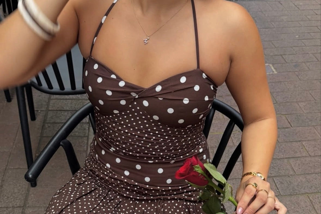 Princess Polly Marguerite Halter Maxi Dress Brown Polka Dot