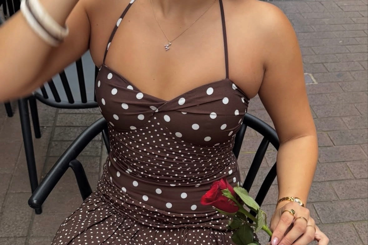 Princess Polly Marguerite Halter Maxi Dress Brown Polka Dot