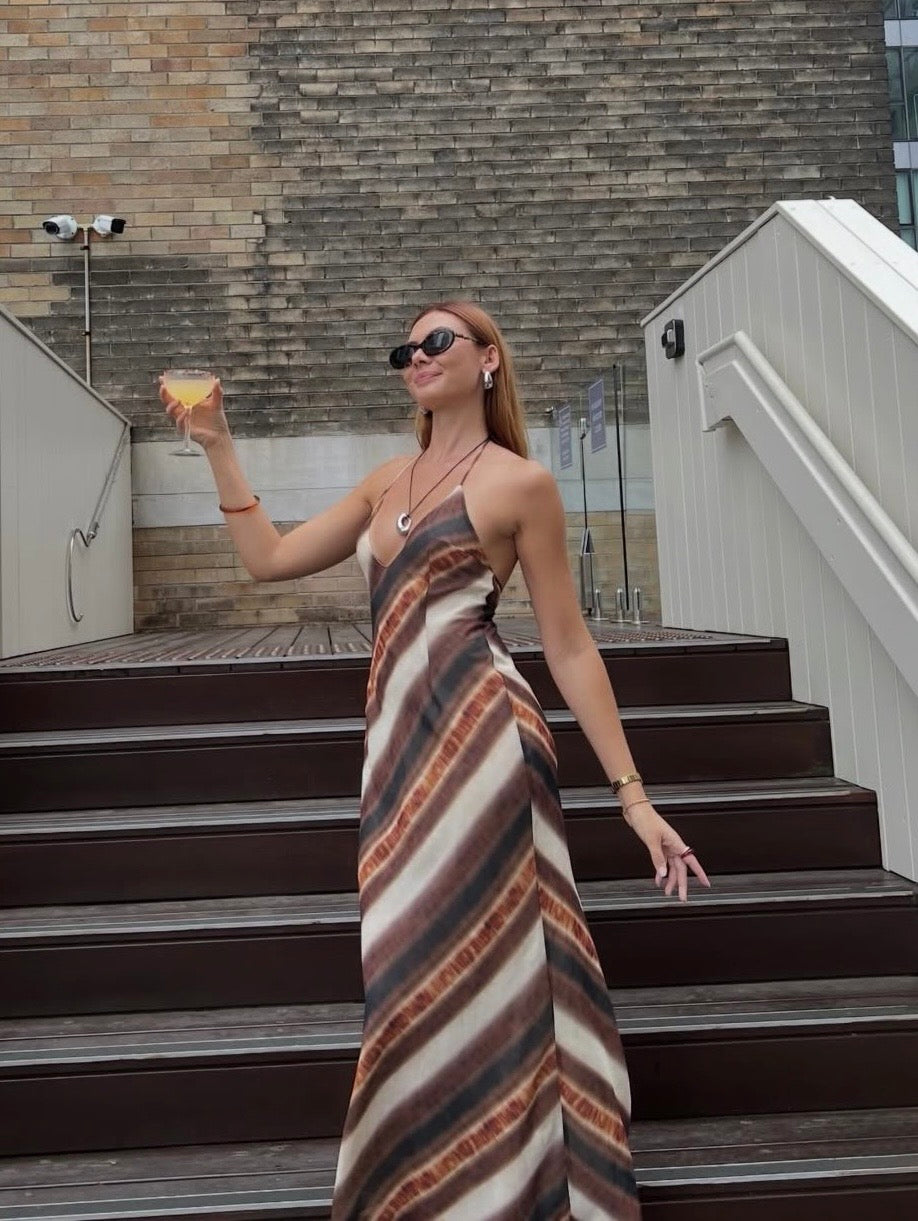 Princess Polly Esmira Halter Maxi Dress Brown Stripe