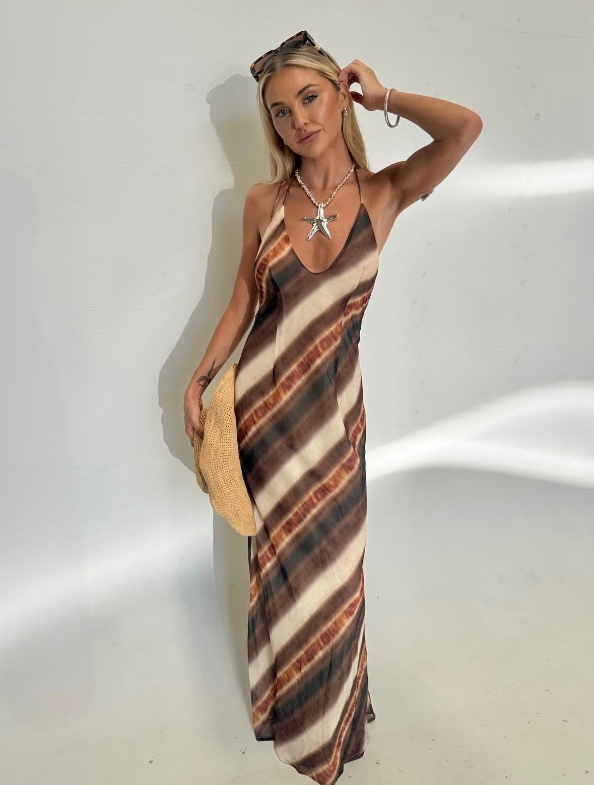 Princess Polly Esmira Halter Maxi Dress Brown Stripe