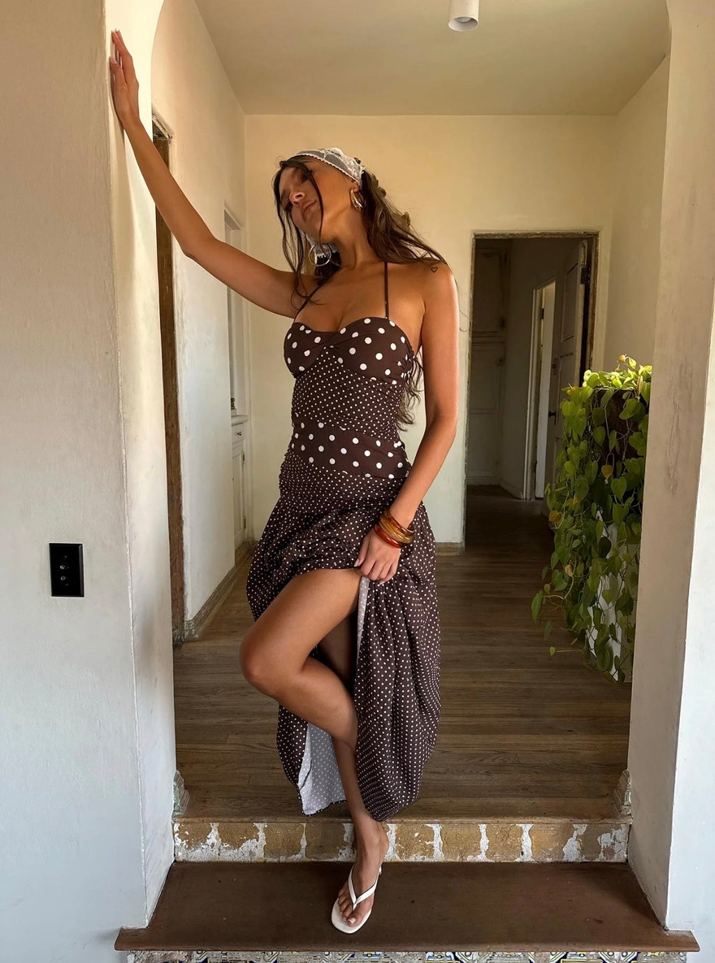 Princess Polly Marguerite Halter Maxi Dress Brown Polka Dot