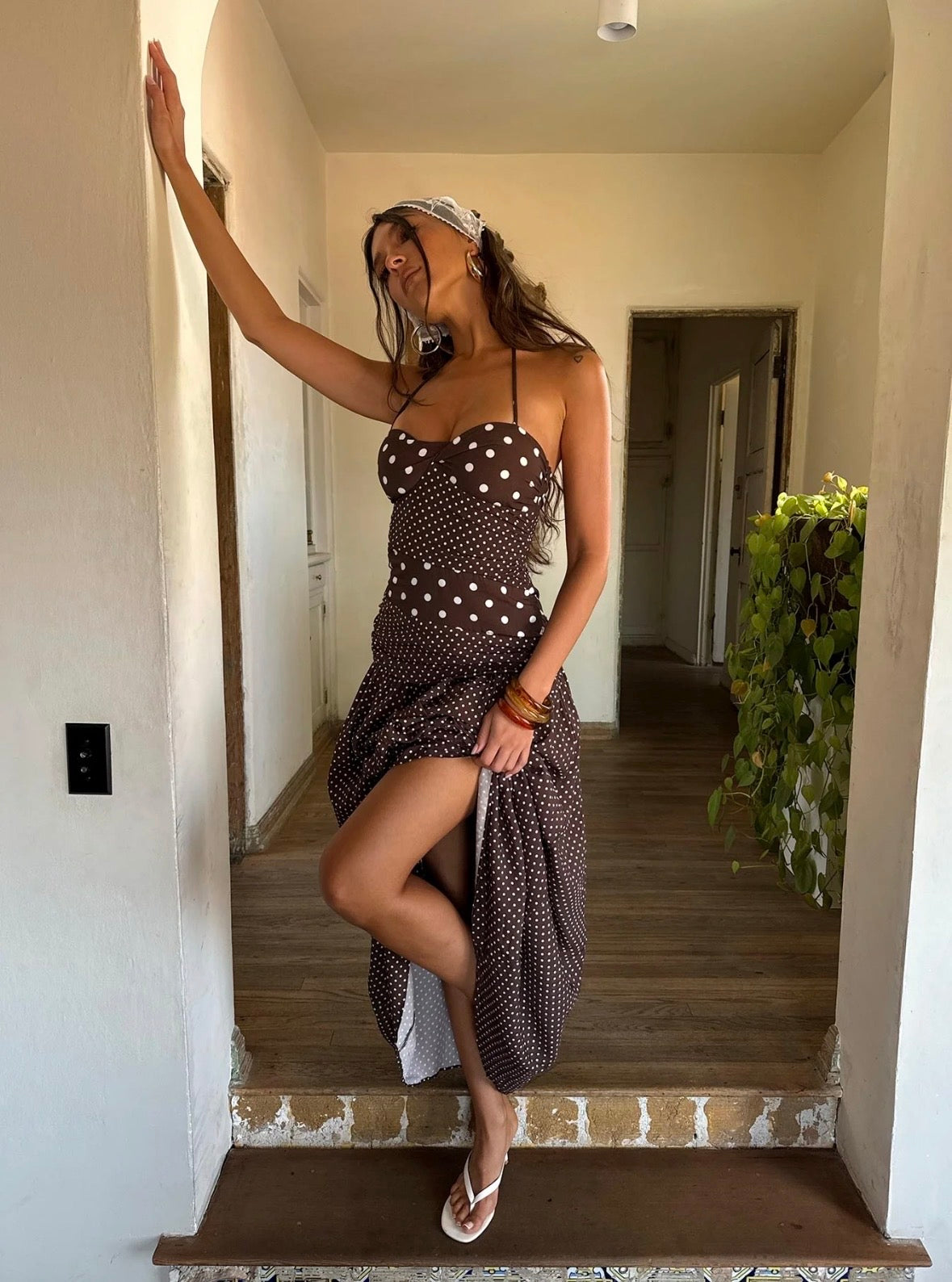 Princess Polly Marguerite Halter Maxi Dress Brown Polka Dot
