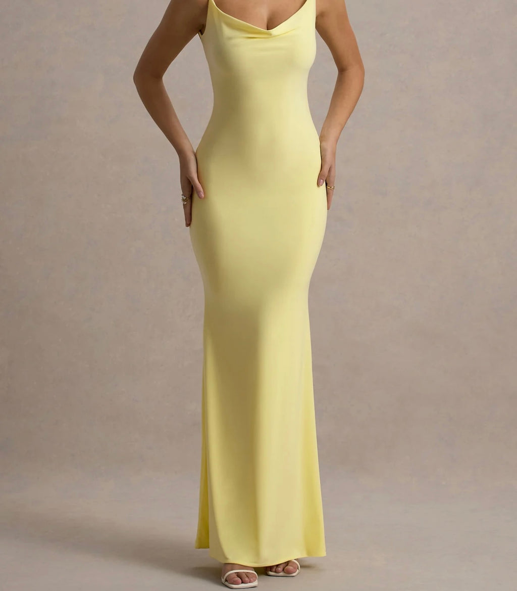 Club L London Francoise Lemon Cowl Neck Backless Maxi with Lace Insert