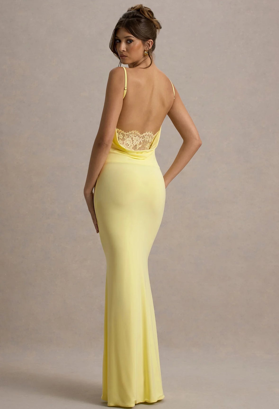 Club L London Francoise Lemon Cowl Neck Backless Maxi with Lace Insert