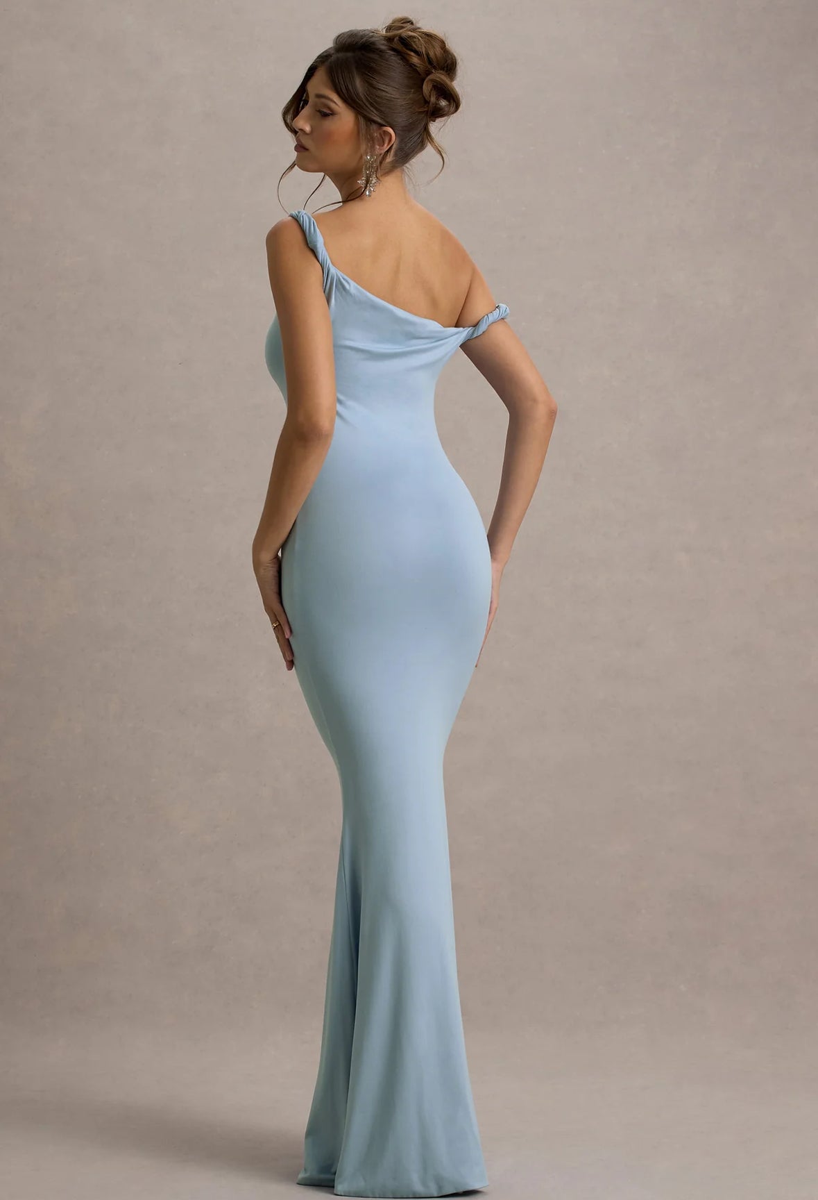 Club L London Lita Powder Blue Twisted Asymmetric Maxi Dress