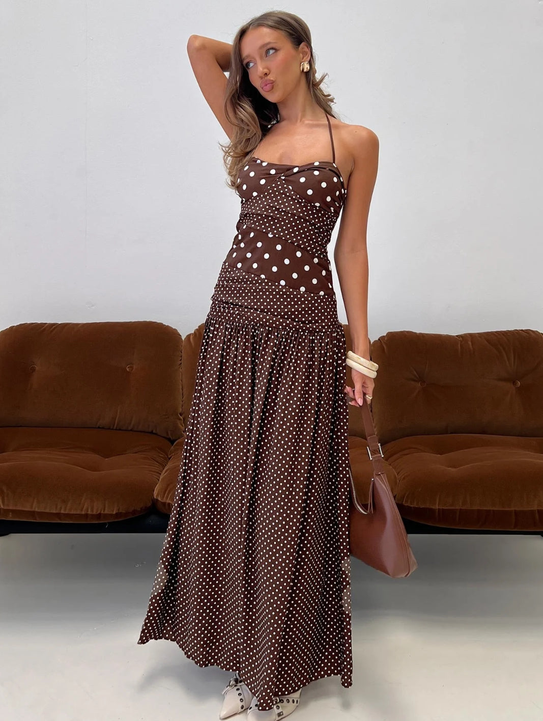 Princess Polly Marguerite Halter Maxi Dress Brown Polka Dot