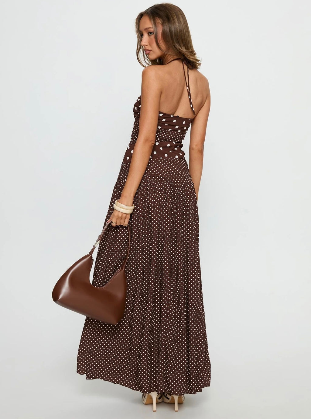 Princess Polly Marguerite Halter Maxi Dress Brown Polka Dot