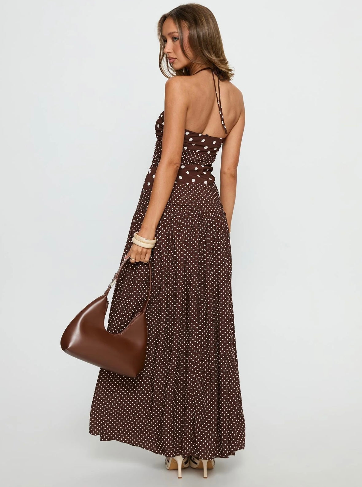 Princess Polly Marguerite Halter Maxi Dress Brown Polka Dot